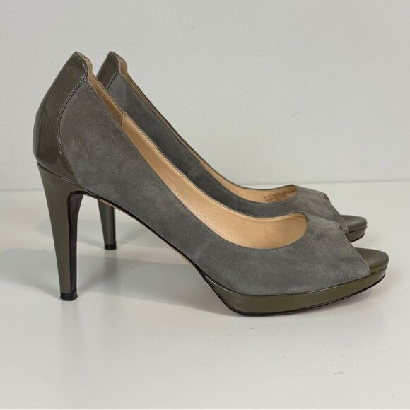 Cole Haan Gray Suede & Patent Leather Platform Peep Toe Heels 10 - Picture 1 of 10